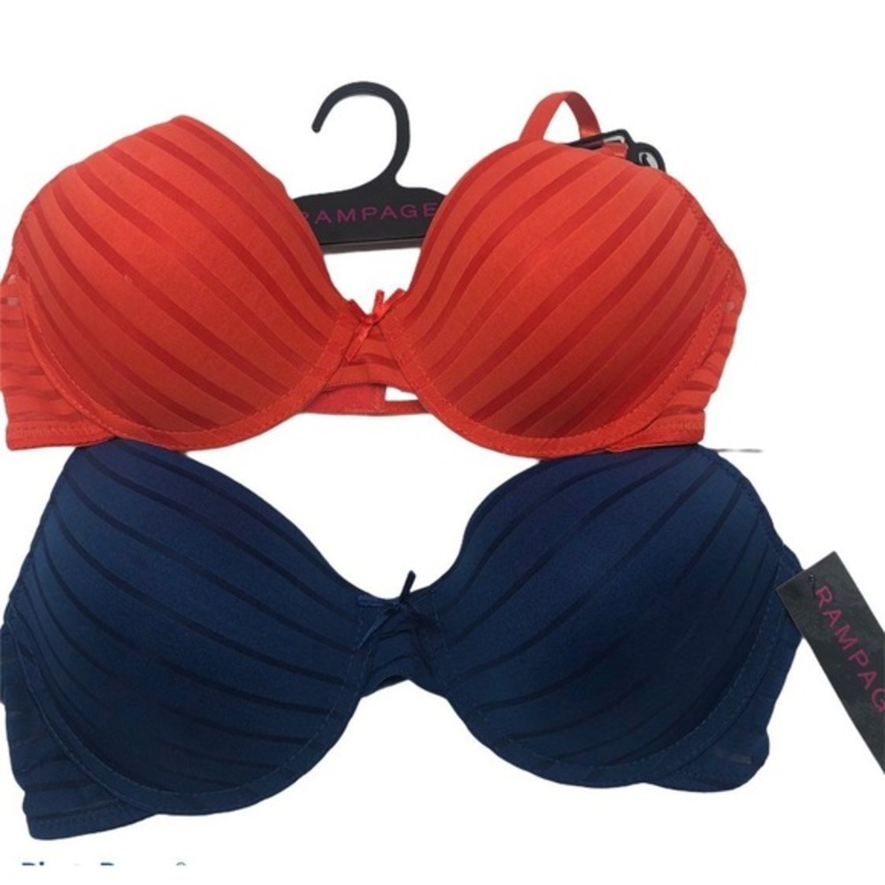 Rampage 2 Pack T-Shirt‎ Bras Red Navy Blue Striped Underwire 34C NWT